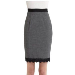 NWT Rebecca Taylor Heather Gray Pencil Skirt with Black Lace Trim 8 Wool Blend